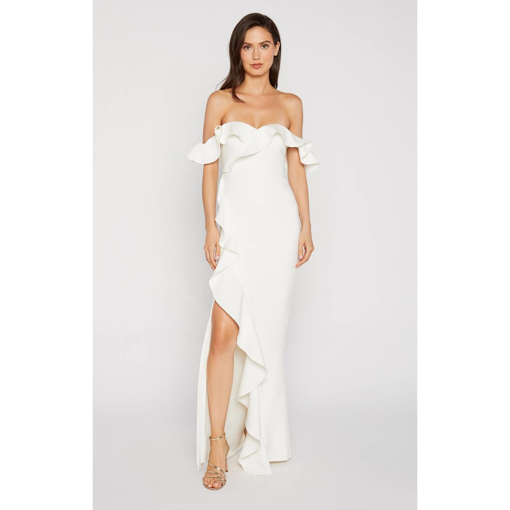 Likely Miller White Ruffle Off Shoulder Slit Leg Maxi Dress Gown